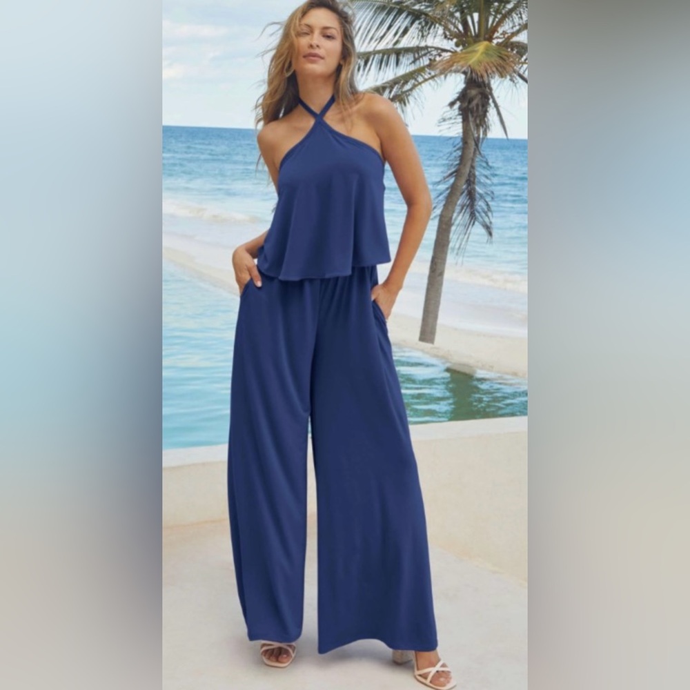 NWT Venus Blue Cross Neck Halter Jumpsuit